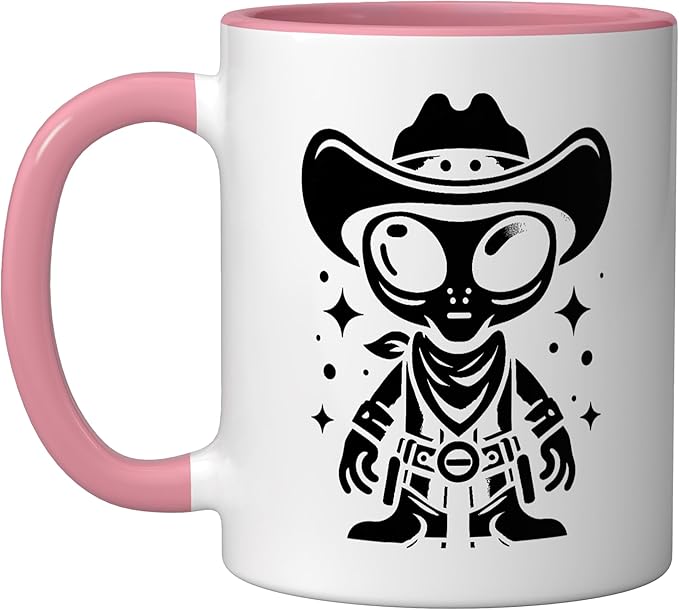 Alien Lover Flying Saucer UFO Extraterrestrial Cowboy Ceramic Mug, Pink/White