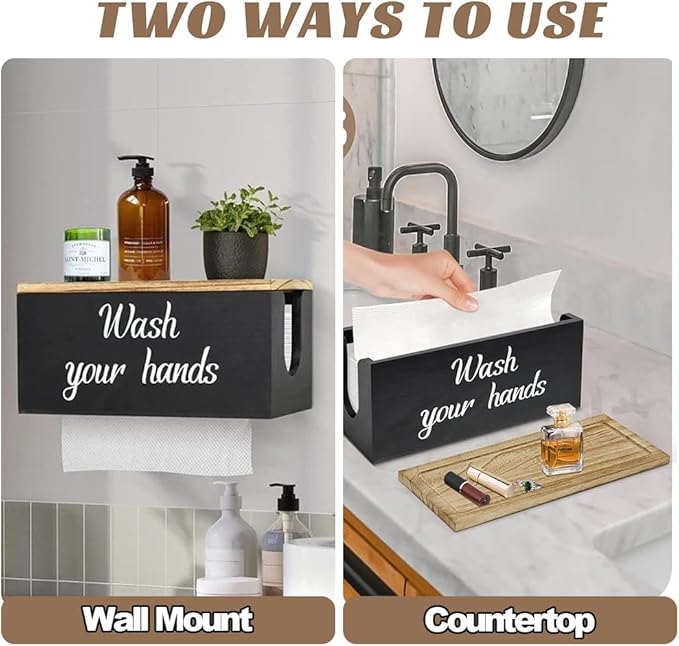 Wood Paper Towel Dispenser Wall Mount, Paper Towel Holder Mounted with Lid for Home and Commercial, Countertop C-Fold, Z-Fold, Trifold Paper Hand Towel Dispenser for Bathroom and Kitchen
