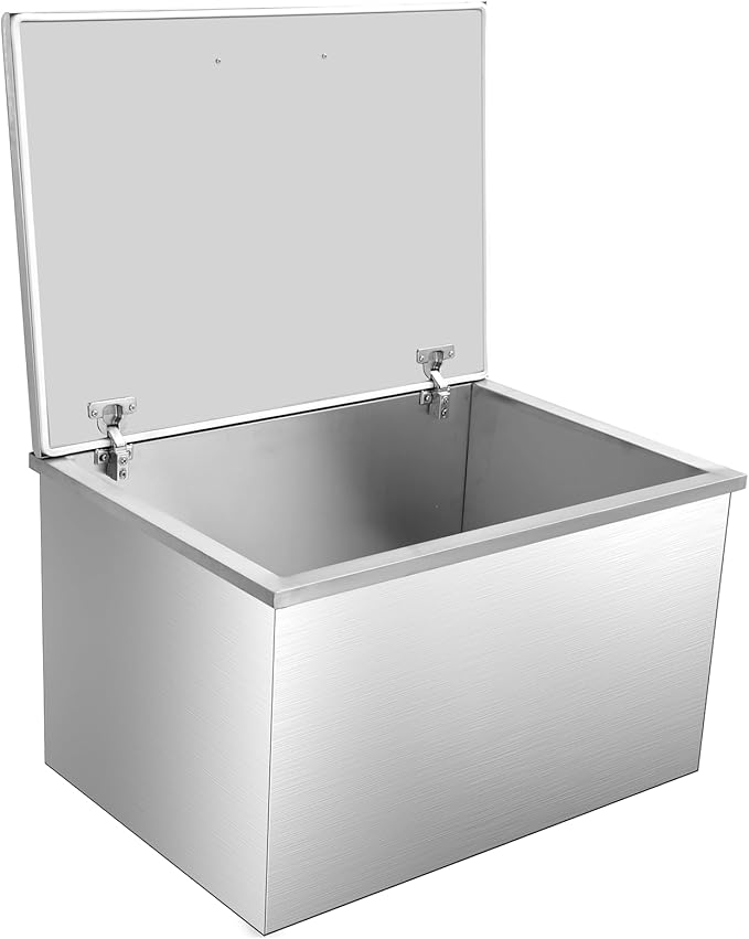 Drop in Ice Chest, 20''L x 14''W x 13''H Stainless Steel Ice Cooler, Commercial Ice Bin with Hinged Cover, 32QT Outdoor Kitchen Ice Bar, Drain-Pipe and Drain Plug Included, Ice Bin for Cold Wine Beer
