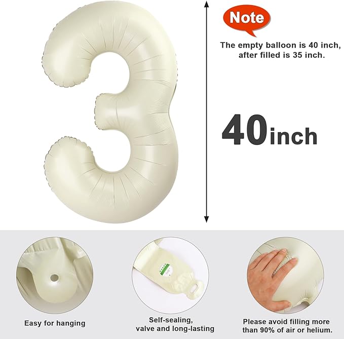 Numbers Balloon 3, 40 Inch Large Cream White Balloon for Three Year Old Birthday Decor, 3 13 30 31 Birthday Party Decorations for Wedding Supplies