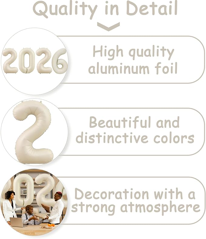 Huge Cream White 2026 New Year Balloons 40 Inch 2026 Matte Nude White Mylar Foil Helium Number Balloons 2026 Christmas New Year Eve Graduation Party Decorations Supplies