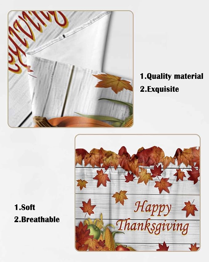 Happy Thanksgiving Orange Pumpkins Maple Leaves Fall Swag Valance Curtains Autumn Harvest Corn Apples Wood Grain Rod Pocket Kitchen Curtains, Scalloped Window Treatment Valances, 1 Pair, 36"W x 45"L