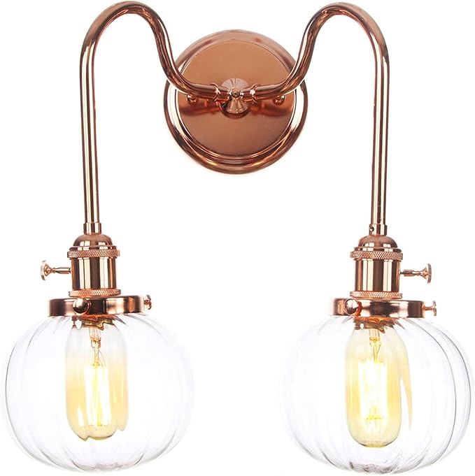Wall Lamps with Switch, 2-Lights Rose Gold Bathroom Vanity Lights Wall Mounted Lighting Clear Glass Lampshade Wall Sconces(Color:E)