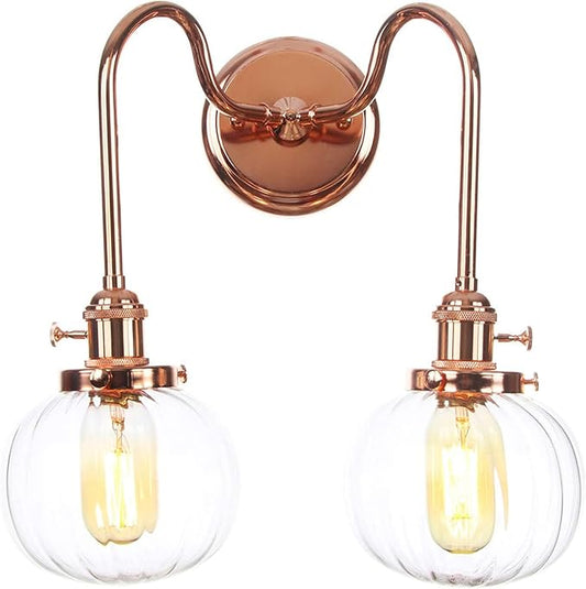 Wall Lamps with Switch, 2-Lights Rose Gold Bathroom Vanity Lights Wall Mounted Lighting Clear Glass Lampshade Wall Sconces(Color:E)