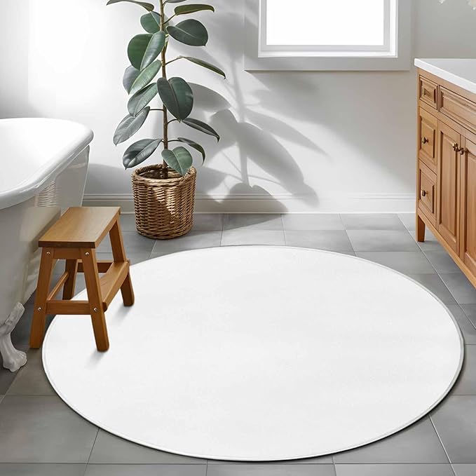 Washable Round Area Rug Pure White Circle Rugs Floor Carpet for Living Room Bedroom, Monochrome Plain Single Bright Color Soft Non Slip Round Rug 3ft
