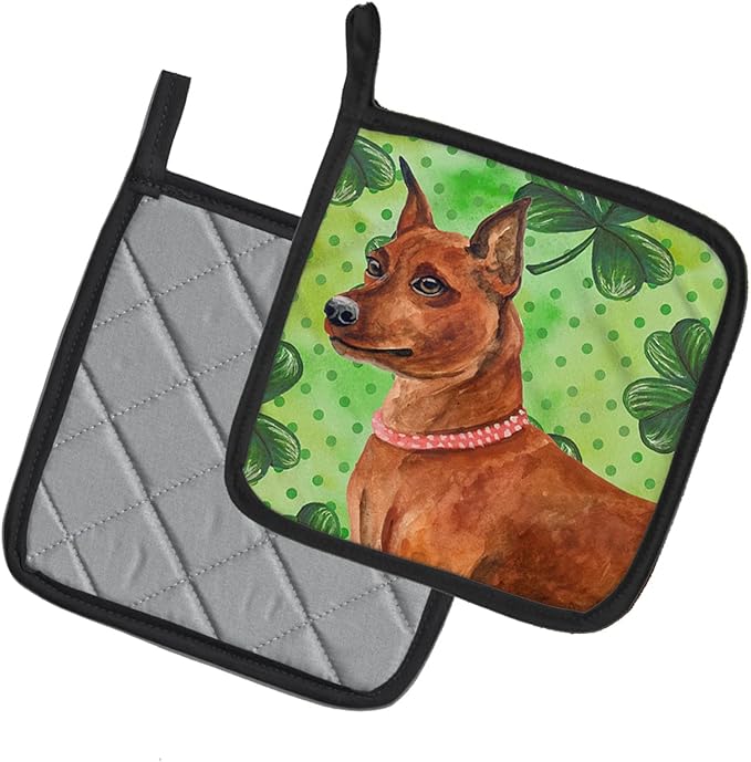 Caroline's Treasures BB9830PTHD Miniature Pinscher St Patrick's Pair of Pot Holders, Green Kitchen Heat Resistant Pot Holders Sets Oven Hot Pads for Cooking Baking BBQ, 7 1/2 x 7 1/2