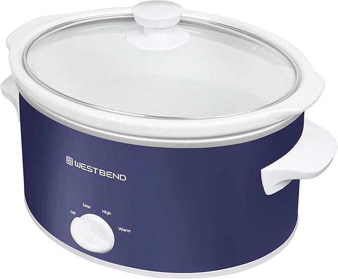 West Bend Slow Cooker 4-Quart Manual Crockery Style with Dishwasher Safe Oval Ceramic Crockpot and Glass Lid Two Temperature Settings Plus Keep Warm, 210-Watts, Navy