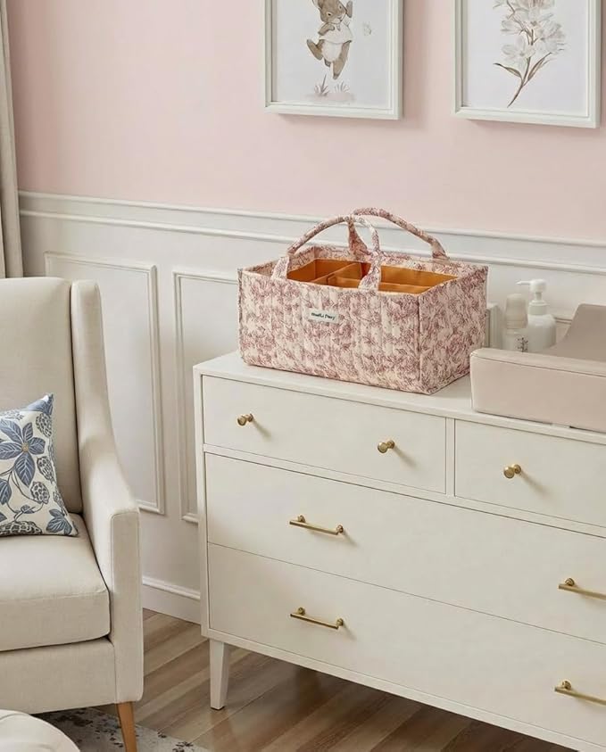 Quilted Fabric Storage Basket Floral Baby Diaper Caddy Quilted Basket Organizer for Newborn Nursery Bedroom Car Storage