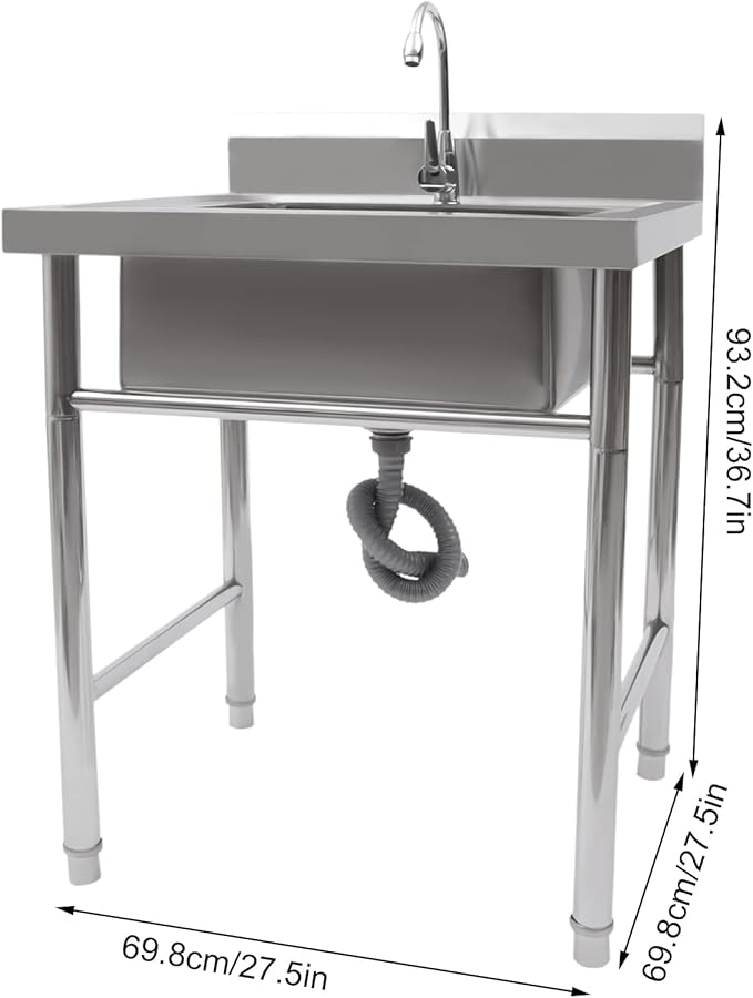 Garden Sink Single Trough, Stainless Steel Utility Prep Skin 1/2 Bowl W Drainboard Storage Shelve And Faucet, Kitchen Sink For Restaurant, Bar, Laundry, Garage, Backyard