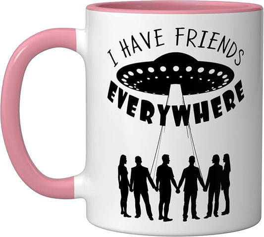 I Have Friends Everywhere UFO Silhouette Graphic Ceramic Mug, Pink/White