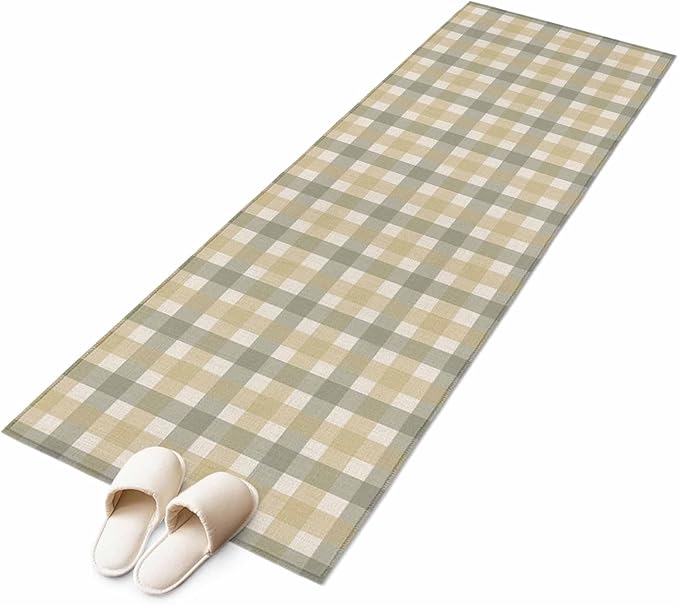 Runner Rug for Bedroom Hallway, Farmhouse Vintage Beige Tan Buffalo Plaid Kitchen Runner Rugs Area Rug 2x6ft, Rustic Linen Washable Soft Floor Carpet for Entryway Stair