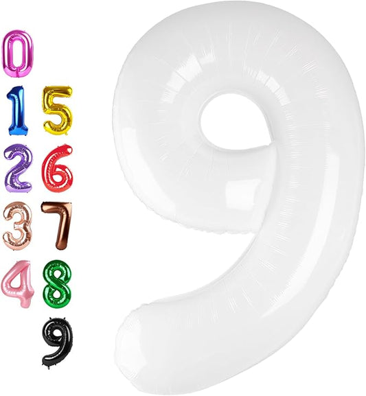 9Th Birthday Decorations 9 Number Balloons, Happy Birthday Decoration for 9th, White Balloon Numbers 40 Inch for Girls Boys Women Men Engagement, Bridal Shower Party