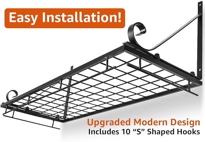 Sorbus Hanging Pot Rack - Wall Mounted Pot Rack storage shelf hanging rack — Pots and Pans Rack shelf Organizer holder pot hanger - 10 S Hooks - kitchen cookware, utensils, pans, 2 DIY Methods (Black)