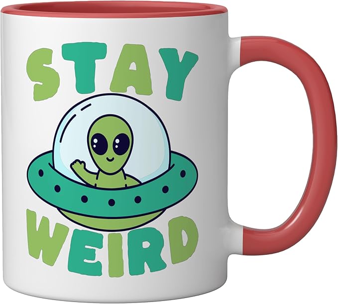 Cute Alien Stay Weird UFO Extraterrestrial Space Ceramic Mug, Red/White