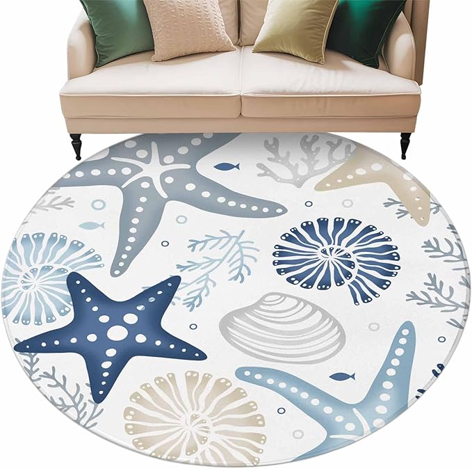 Washable Round Area Rug Ocean Starfish Shell Conch Circle Rugs Floor Carpet for Living Room Bedroom, Sea Blue Coral Seamless Soft Non Slip Round Rug 5ft