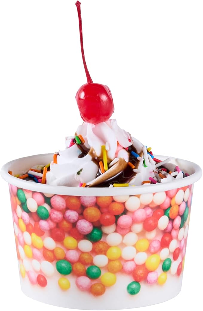 Coppetta 8 Ounce Dessert Cups, 200 Greaseproof Ice Cream Cups - Lids Sold Separately, For Hot And Cold Foods, White Paper Yogurt Bowls, Round Sprinkle Design, Disposable, Sturdy - Restaurantware