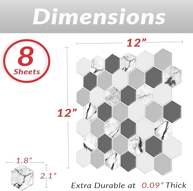 Décor Wow Peel & Stick Backsplash for Kitchen & Bathroom White & Grey Hexagon, 1 sq ft (8-Pack)