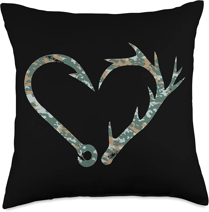 Fishing Hook Antler Heart Fishing Hunting Camo Deer Fish Throw Pillow