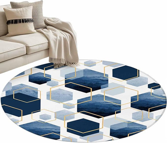 Washable Round Area Rug Watercolor Blue Hexagon Circle Rugs Floor Carpet for Living Room Bedroom, Abstract Geometric Art Soft Non Slip Round Rug 4ft