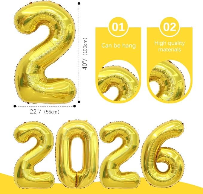 2026 Gold Balloons, 2026 Graduation Balloons, Number Balloon 40 Inch, Graduation Decorations Class of 2026 Prom Birthday Party Decorations 2026 New Years 2026 Balloon for New Years Eve