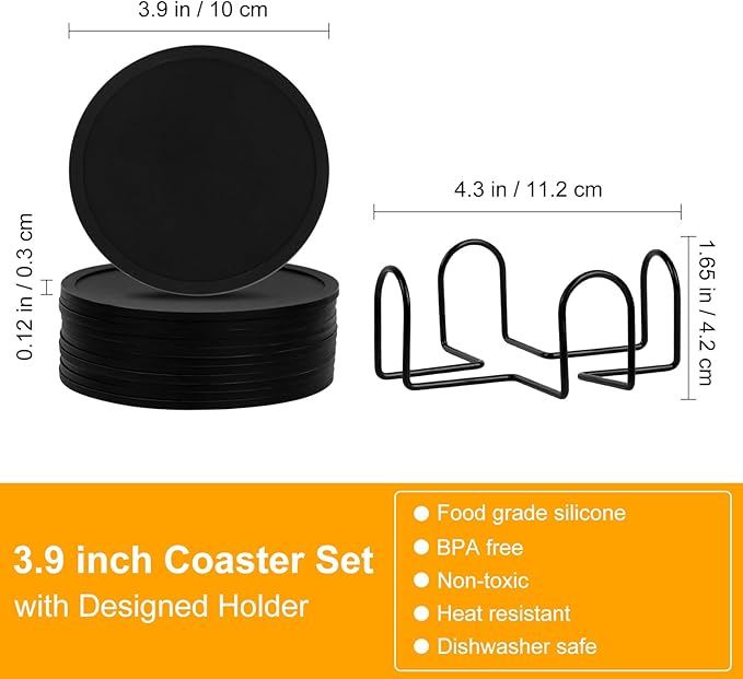Silicone Coasters Set of 12 with Holder, Drinking Coasters - Cup Mat for Hot or Cold Drinks,Beer,Coffee, Thickened, Non-Slip, Non-Stick, Deep Tray Black