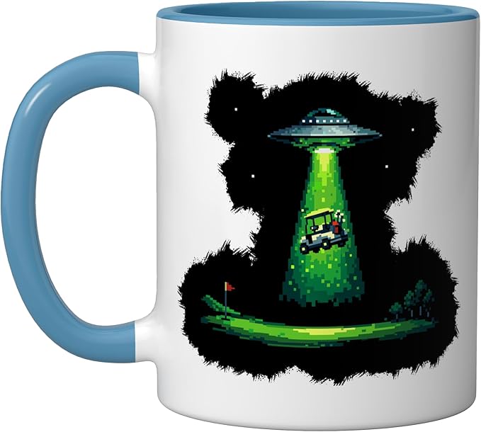 Retro Pixel Art UFO Abducting Golf Cart Funny Alien Golfing Ceramic Mug, Blue/White