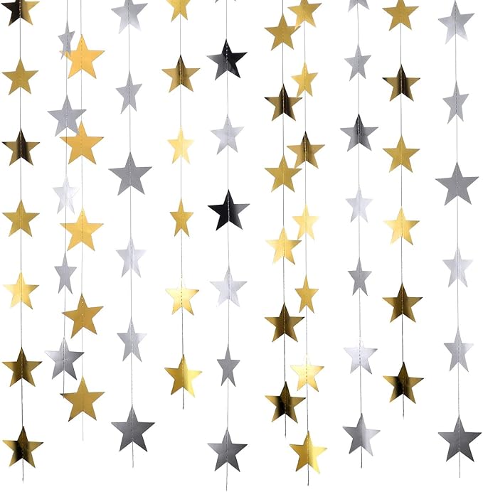 Patelai 78 Feet Glitter Star Garland Banner 2026 Party Decoration Double Side Star Hanging String Streamer Paper Twinkle for Graduation Wedding Birthday (Gold and Silver)