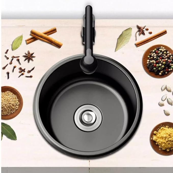 Single Bowl Home Commercial Restaurant Dishwasher Basin Small Size Bar Sink Stainless Steel Round Sink with Faucet Kitchen Sink (Black 36 * 36cm)