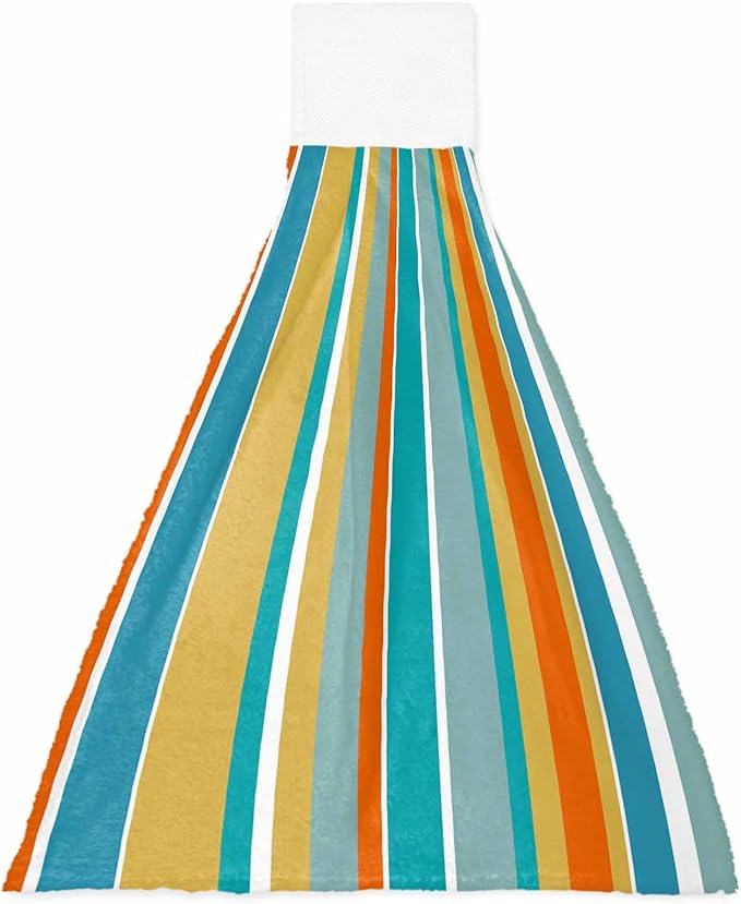 Alandar Home Kitchen Tie Towel Set of 1, Blue Yellow Green Stripes Absorbent Soft Hand Towels for Bathroom Hanging Towels, Colorful Vertical Stripes Fast Drying Cleaning Cloth with Loop