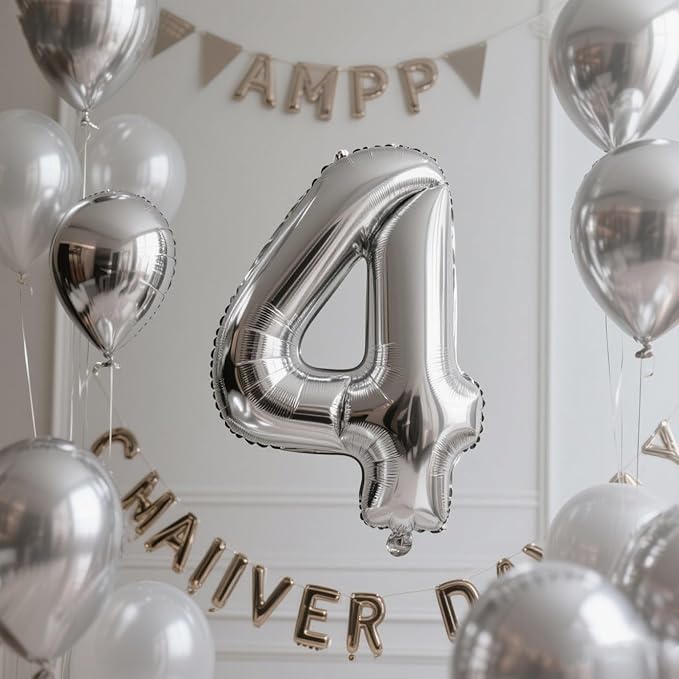 Silver 4 Balloon Number for 4th Birthday Decorations, 40 Inch Big Number Balloons for 4 14 40 Anniversaries Celebration Graduation Wedding