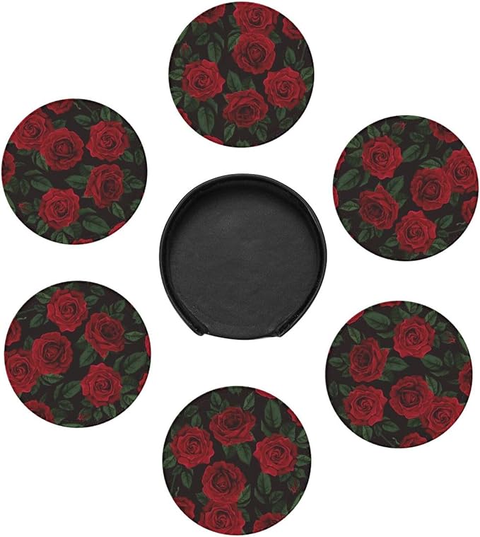 Red Roses Leather Drinks Coasters with Holder, Set of 6, Suitable for Various Cups