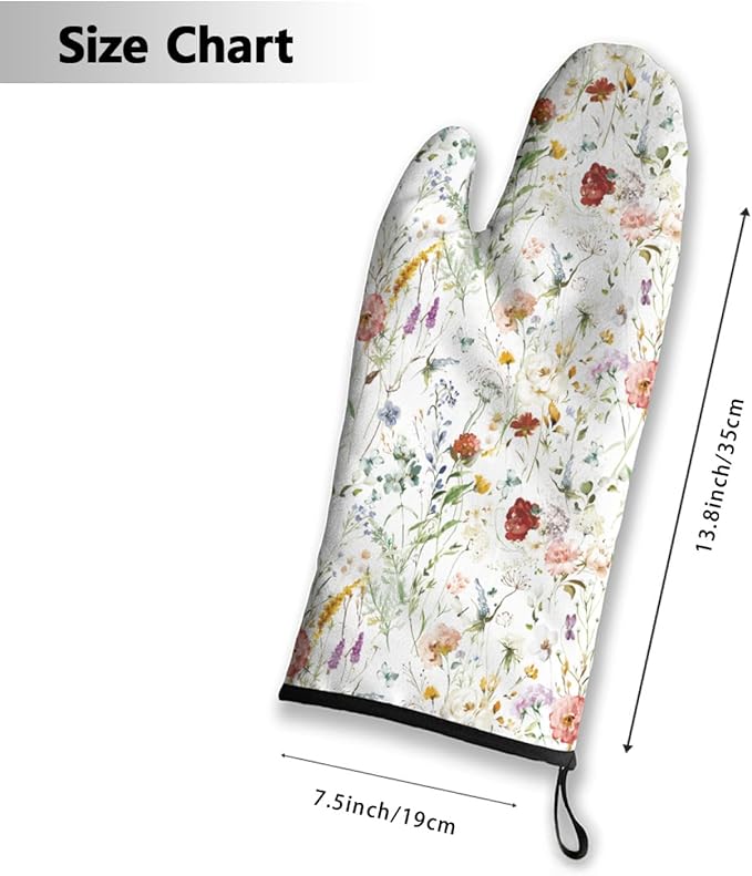 Oven Mitts Watercolor Flowers Heat Resistant Wear-resistant Easy Clean Grill Gloves with Thick Cotton Liner for Grilling Cooking Baking 2PCS