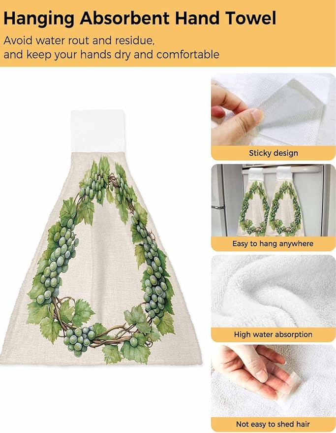 Alandar Home Kitchen Tie Towel Set of 1, Spring Green Grapes Vine on Beige Linen Absorbent Soft Hand Towels for Bathroom Hanging Towels, Pastoral Botanical Fast Drying Cleaning Cloth with Loop
