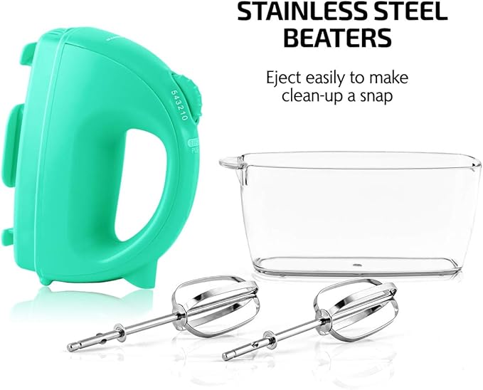 OVENTE Portable Electric Hand Mixer 5 Speed Mixing, 150W Powerful Blender for Baking & Cooking with 2 Stainless Steel Chrome Beater Attachments & Snap Clear Case Compact Easy Storage, Turquoise HM161T