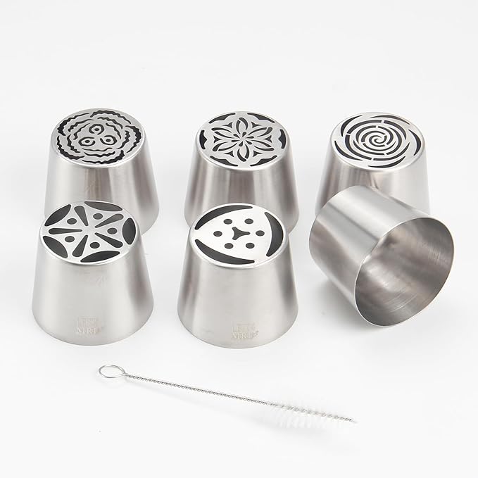Extra Large Russian Piping Tip Set - 6 Stainless Steel Marshmallow Buttercream Framing Nozzles for 3D Roses Tulip Cake Decorations and Marshmallow Bouquets, Includes 1 Cleaning Brush(6D)