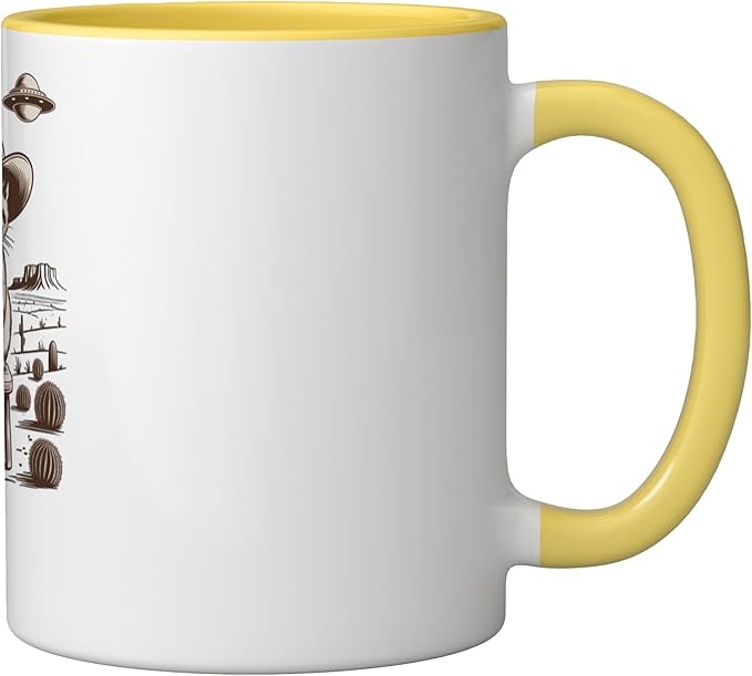 Retro Cowboy Cat UFO Desert Western Feline Art Ceramic Mug, Yellow/White