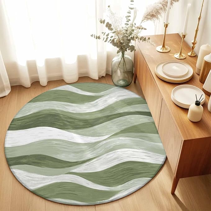 Washable Round Area Rug Modern Sage Green Gradient Stripe Circle Rugs Floor Carpet for Living Room Bedroom, Abstract Ocean Wave Soft Non Slip Round Rug 3ft