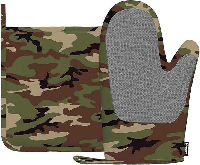 Mxocom Army Camouflage Oven Mitt and Pot Holder with Silicone Hunting Camo Green Hunter Heat Resistant Kitchen for Cooking BBQ Baking Grilling Spring/Summer