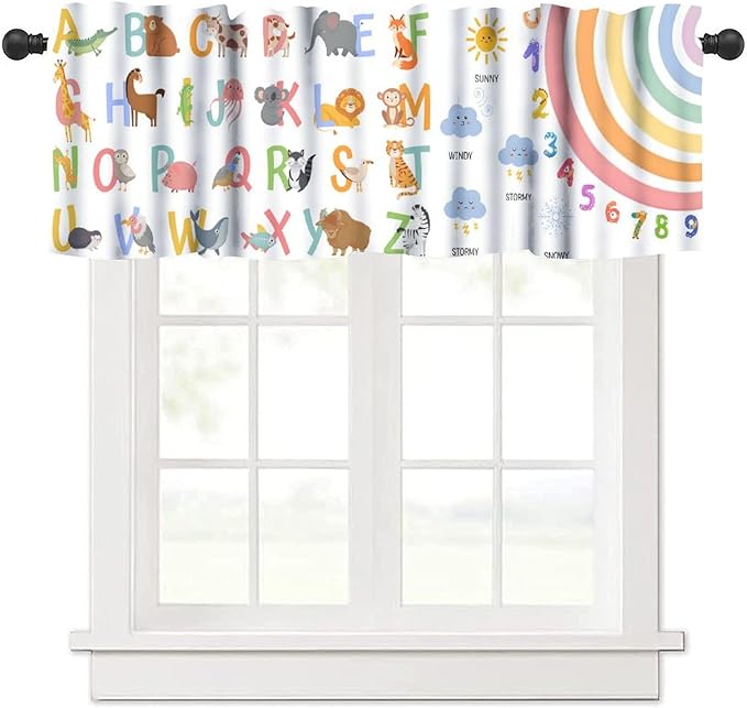 ABC Alphabet Valance Curtain, Cartoon Animals Learning Education Letters Weather Rainbow Short Window Treatment for Kitchen Dining Kids Bedroom Nursery Classroom School Decor, 54x18Inch