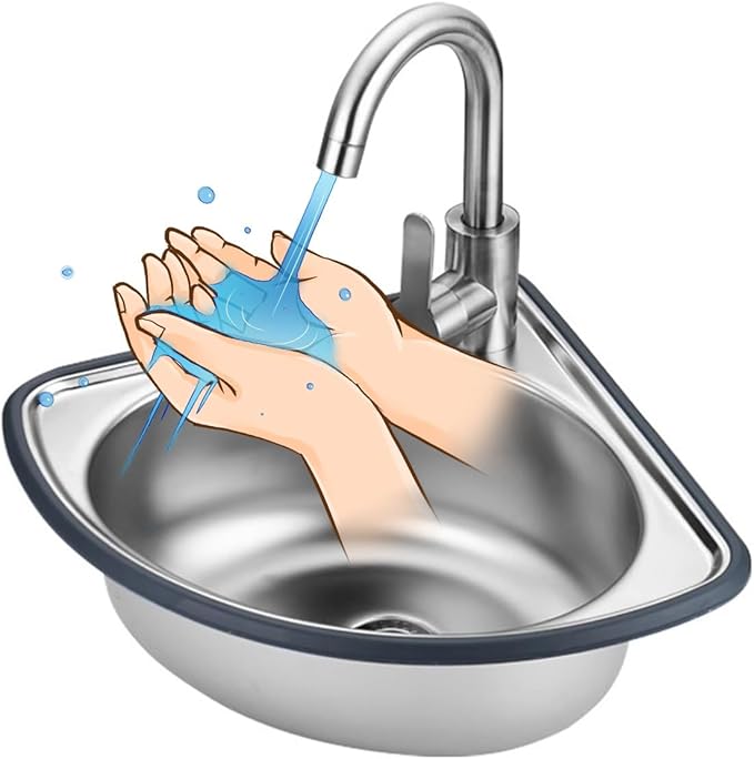 Wall-Mounted Wash Basin,Stainless Steel Hand Washing Station, Commercial Kitchen Sink with Faucet, Kitchen Corner Sink for Washing Food Prep,Silver-B2(34x34cm)