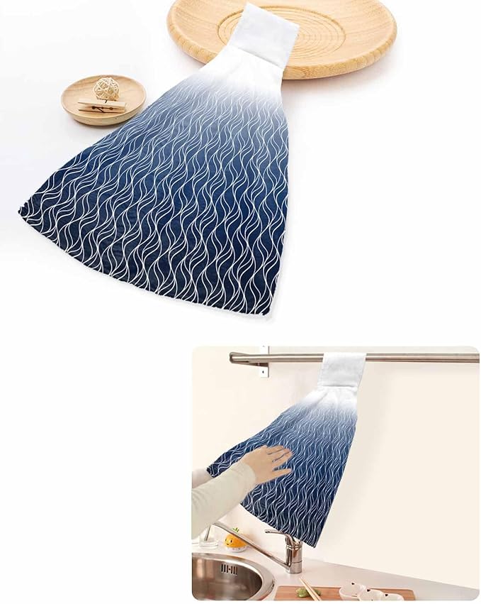 Alandar Home Kitchen Tie Towel Set of 1, Abstract Stripe Blue Gradient Absorbent Soft Hand Towels for Bathroom Hanging Towels, Modern Morocco Wave Line Fast Drying Cleaning Cloth with Loop