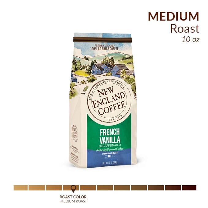 New England Coffee French Vanilla Decaffeinated Medium Roast Ground Coffee, 10oz Bag (Pack of 1)