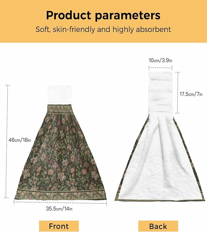Alandar Home Kitchen Tie Towel Set of 1, Retro Flower Botanical on Green Absorbent Soft Hand Towels for Bathroom Hanging Towels, Vintage Ethnic Style Fast Drying Cleaning Cloth with Loop