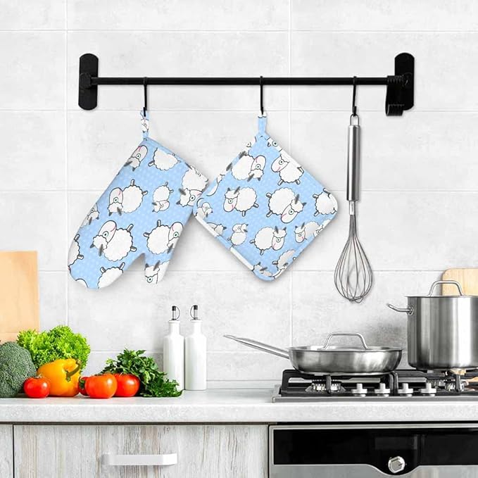 Mxocom Sheep Heat-Resistant Oven Mitts and Pot Holder Cute Animal White Sheep Llama Blue Polka Dots Kitchen Non-Slip Cooking Microwave Gloves for Cooking Baking Grilling