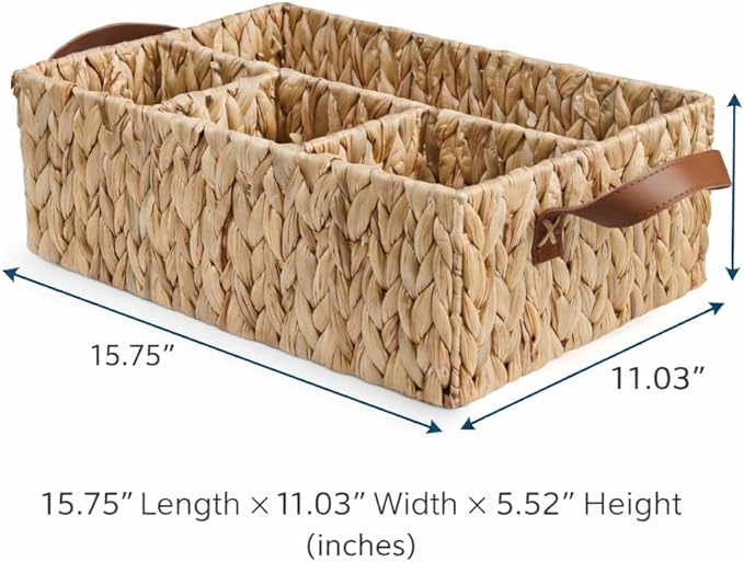 Storage Basket - Water Hyacinth Shelf Basket, Baskets for Organizing, Wicker Diaper Caddy, Decorative Baskets, Baskets for Gifts, Wipes, Home, office (15.75" x 11.03" x 5.52")