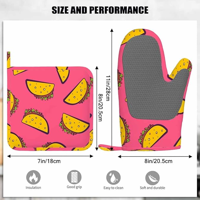 Mxocom Mexican Taco Silicone Oven Mitts and Pot Holders Sets Cute Cartoon on Pink Background BBQ Gloves for Kitchen,Cooking,Baking,Grilling