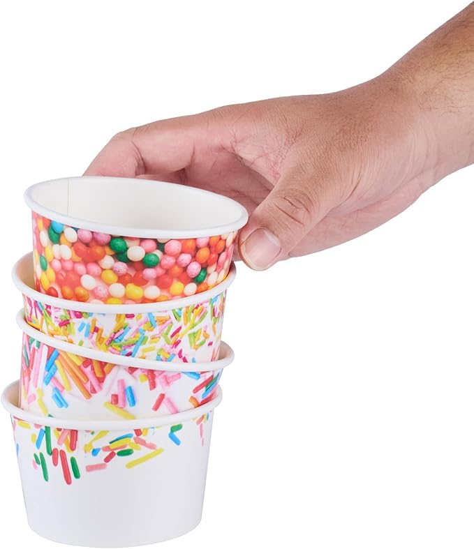 Restaurantware Paper Cups 200 Count 8 Ounce Square Disposable Ice Cream Containers, Leak-Resistant Paper Dessert To Go Cups, Hot And Cold Food, Durable Assorted Sprinkle Design