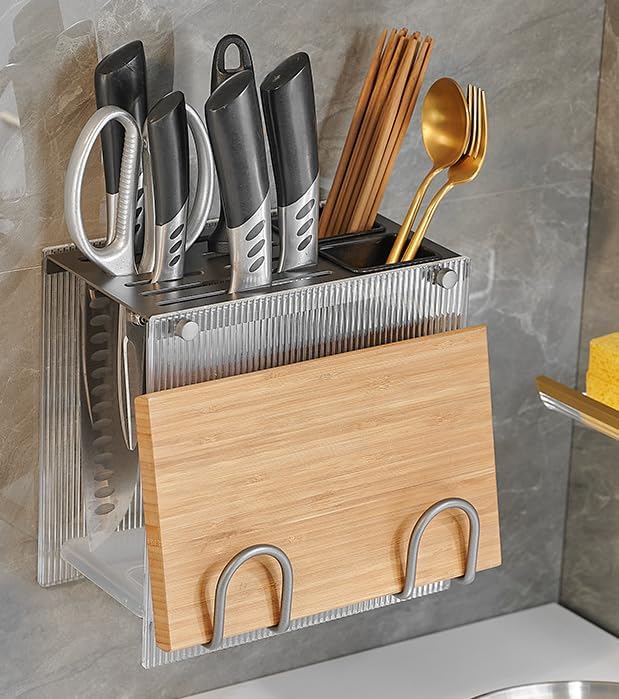 Kitchen Shelf, Chopsticks, Knife Storage Rack, Wall-Mounted Cutting Board Shelf, Model A-Gray [Knife Holder + Chopstick cage + Cutting Board]