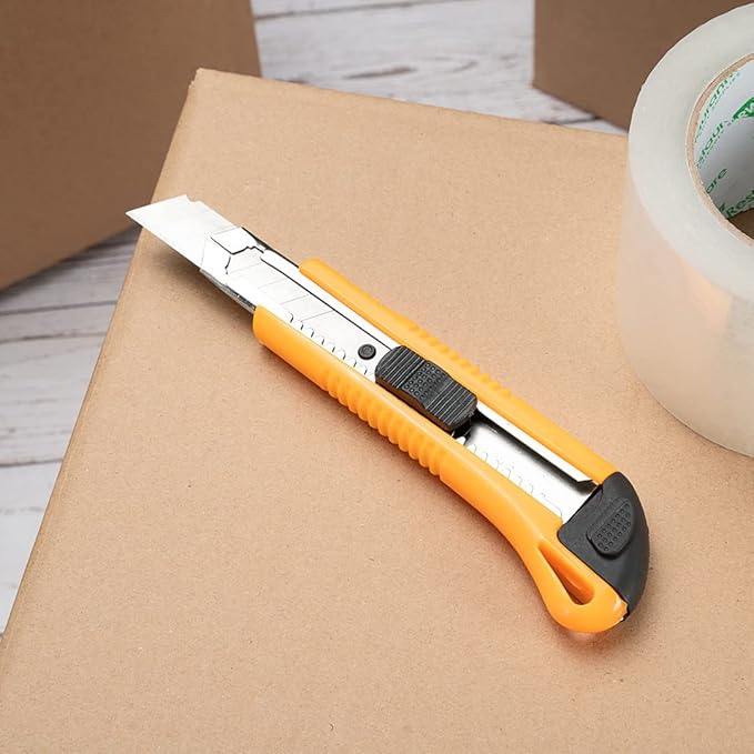 Handy Tek 6.5 Inch Utility Knives, 4 Anti-Slip Box Knives - Heavy Duty, Retractable, Yellow Plastic Box Cutters, Built-In Lock, Sharp Blade - Restaurantware
