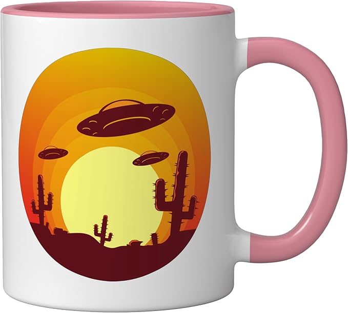 UFO Alien Abduction Conspiracy Vintage Nevada Desert Sunset Ceramic Mug, Pink/White